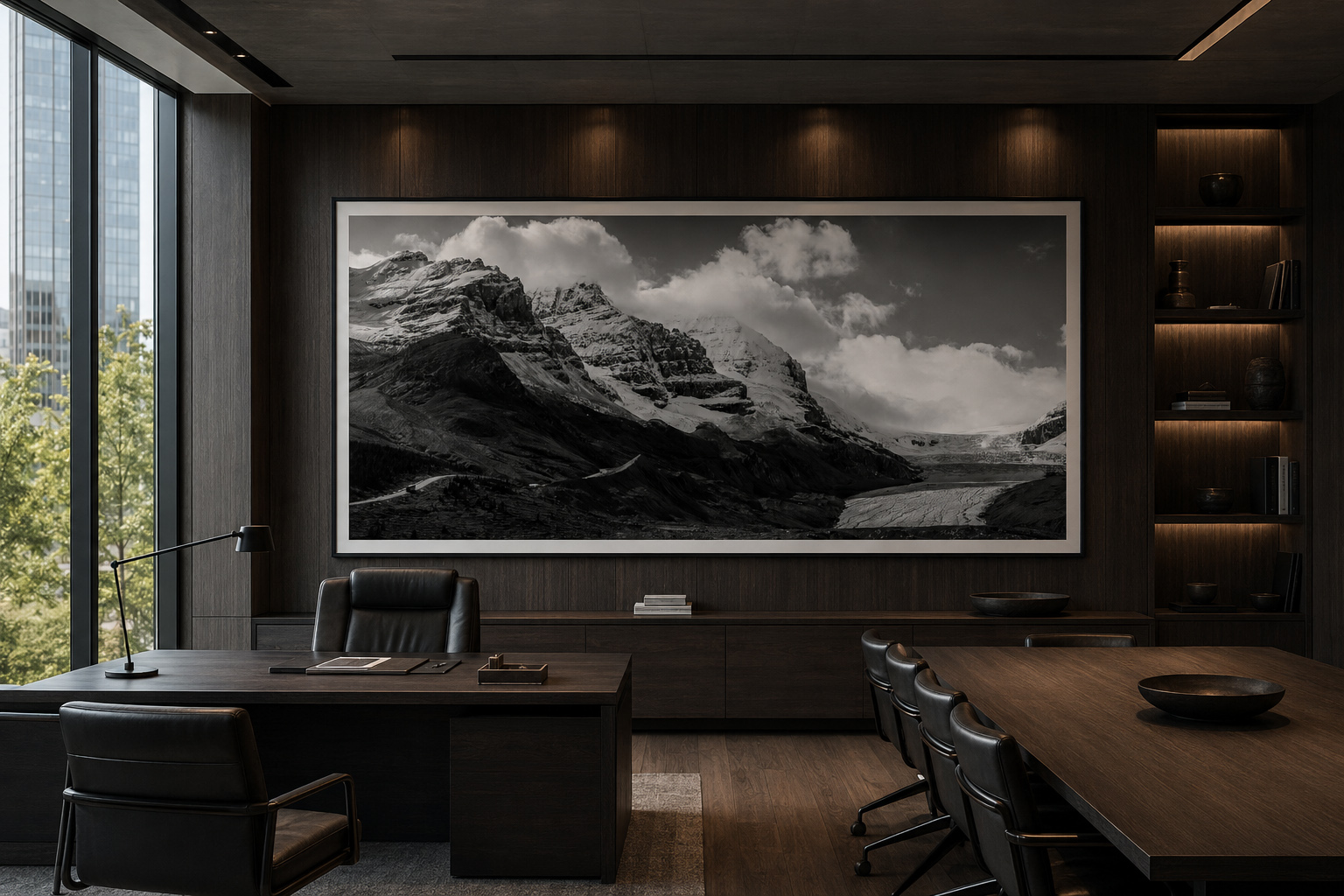 Executive suite with large monochrome glacier panorama artwork